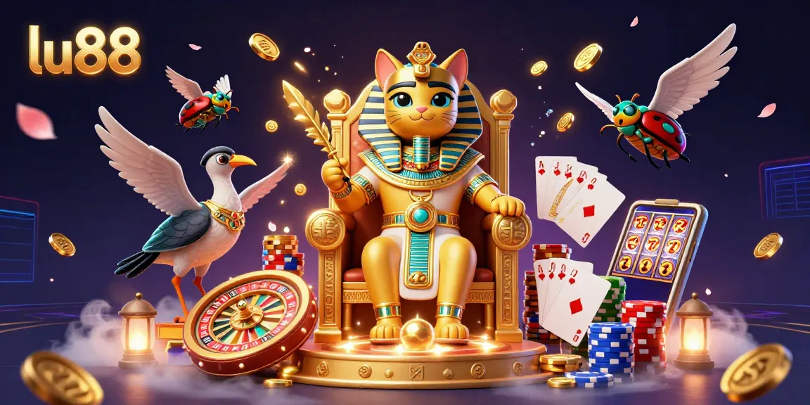 Join the action at lu88 with captivating visuals of the Egyptian pharaoh cat in a dynamic casino scene.