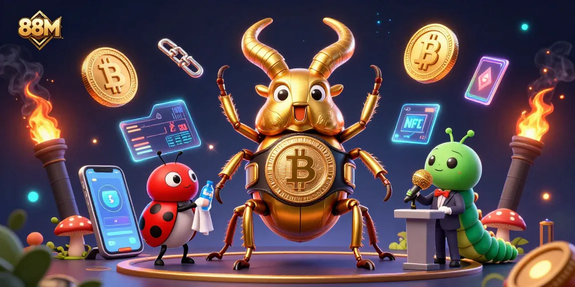 88M showcases a vibrant gaming scene with a giant stag beetle and ladybug in a rich casino atmosphere.