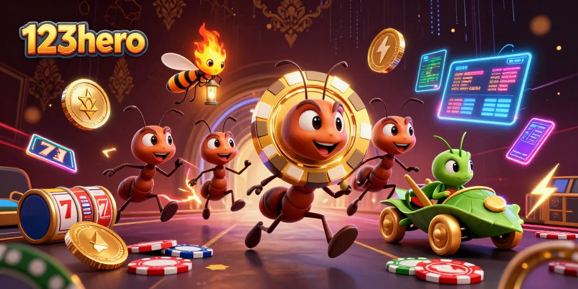 Engaging casino scene with ants in a heist, showcasing 123hero gaming elements like poker chips and neon coins.