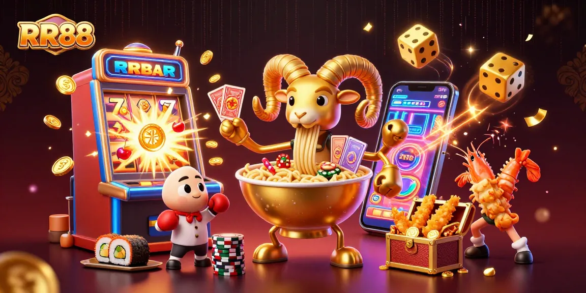 Engage with RR88's vibrant atmosphere as a cartoon ramen bowl character deals cards amid slot machine chaos.