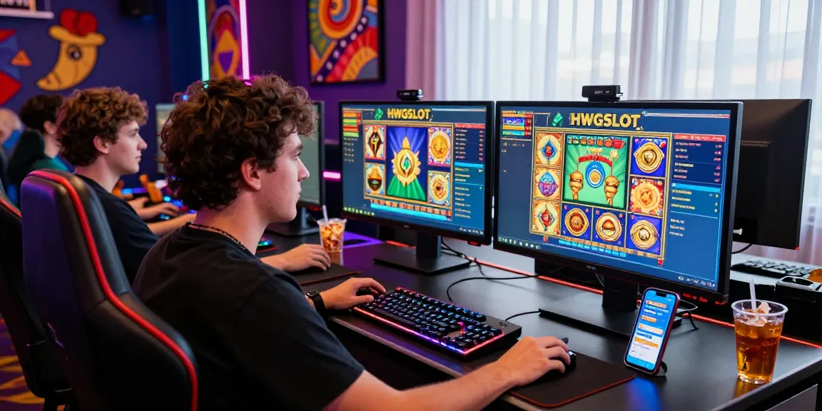 Engaging player enjoying HWGSLOT online gaming experience in vibrant casino setup.