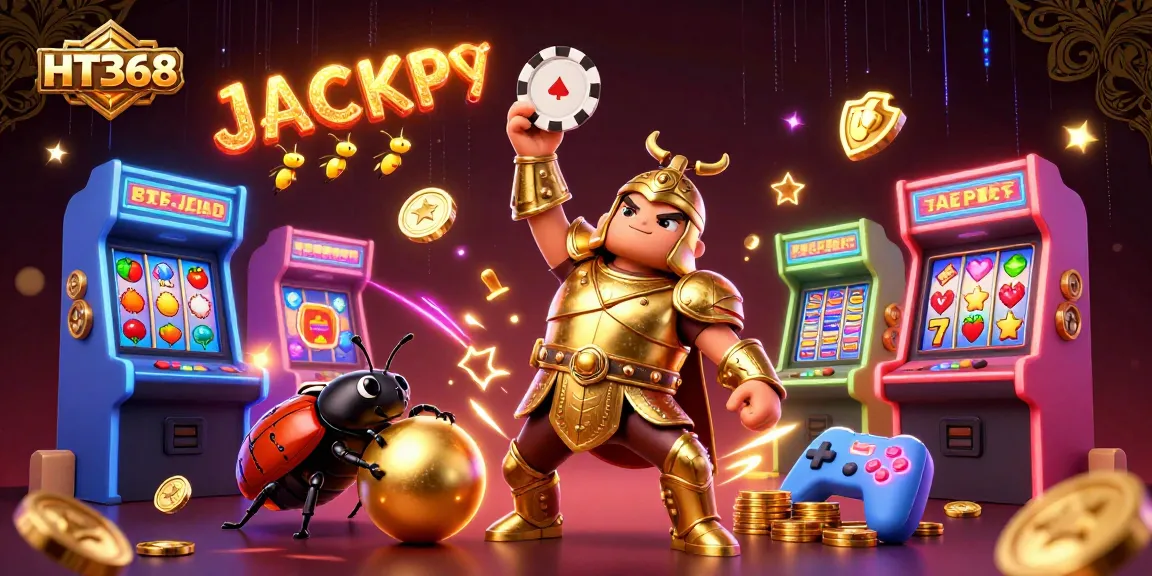 HT368 showcases a vibrant scene with a hero beetle lifting a poker chip, amidst casino-themed elements.
