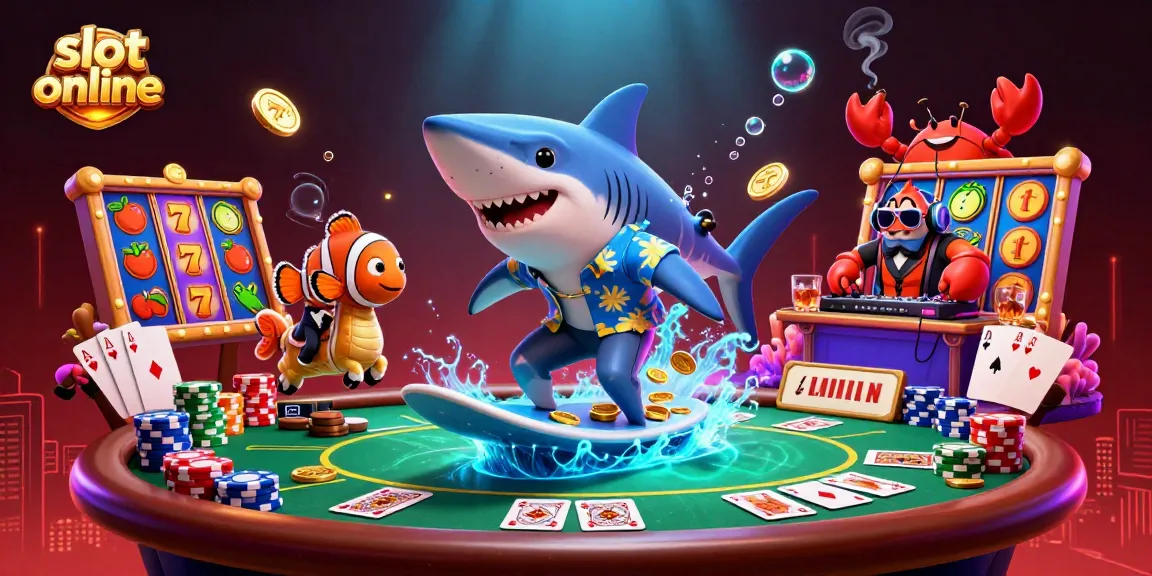 Experience slot online excitement with a cartoon shark surfing gold coins amidst vibrant symbols.