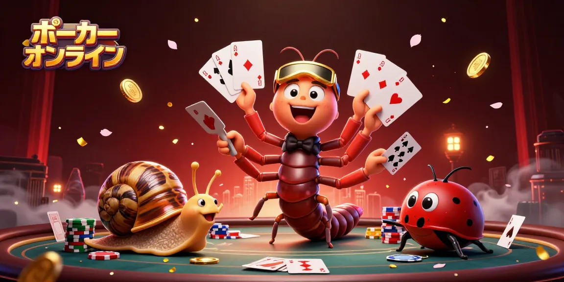 ポーカー オンラインでプレイするカラフルなキャラクターたち、きらめくコインや花びらが舞う中で楽しむ様子。