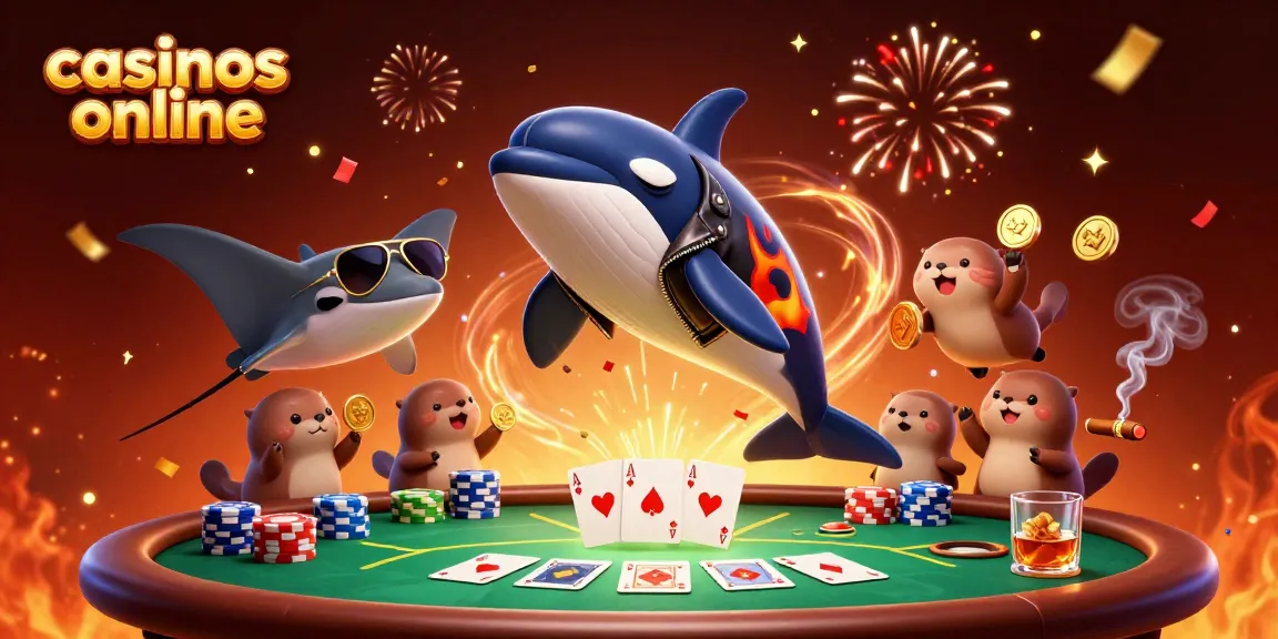 Disfruta de emocionantes juegos en casinos online mientras una ballena orca salta con monedas doradas.