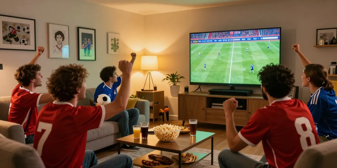 Football fans engaging in a koora live match, cheering together with snacks.