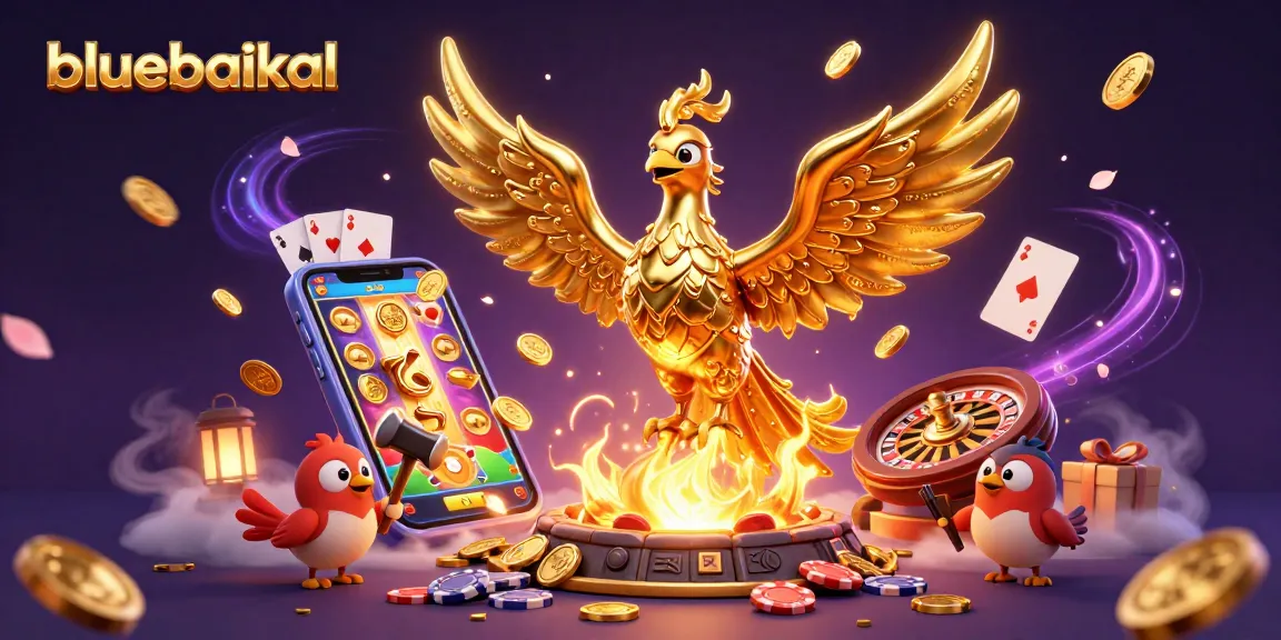 Engage with bluebaikal's vibrant 3D illustrated casino scene featuring a golden phoenix and dynamic gaming elements.