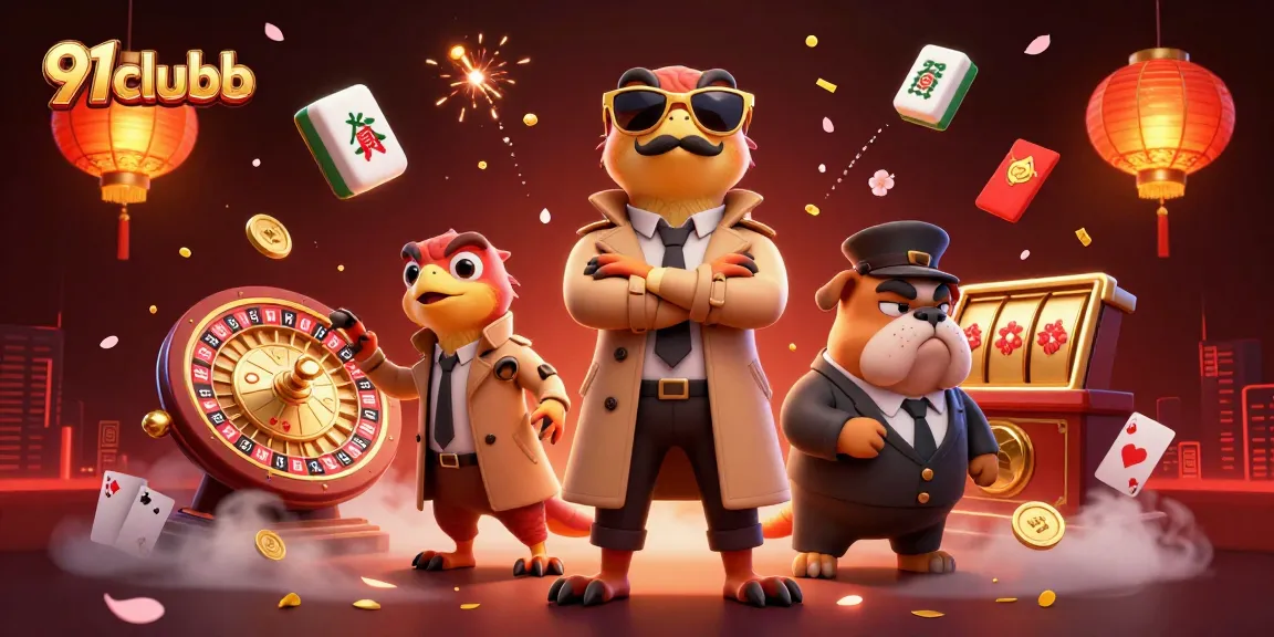 Engage with 91clubb through an exciting VIP casino scene featuring playful raptors and a guarding bulldog.