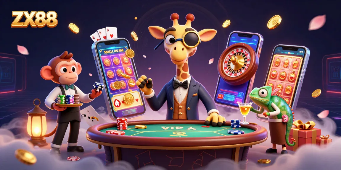 Experience thrilling gameplay with ZX88, where a giraffe in a VIP suit interacts with casino elements