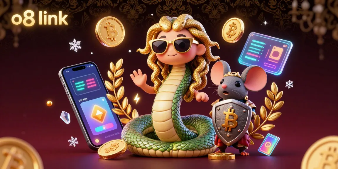 This vibrant scene showcases the o8 link surrounded by charming Medusa, a warrior mouse, and crypto elements, enhancing your gaming experience.