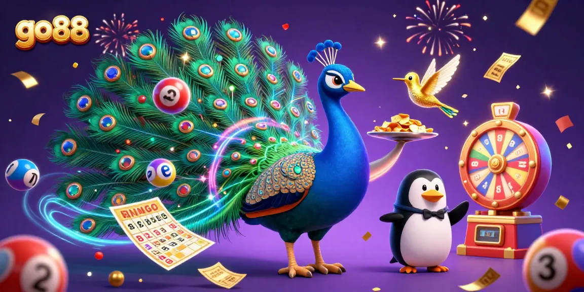 Engage with the dynamic go 88 scene featuring a peacock and penguin amidst vibrant casino elements.
