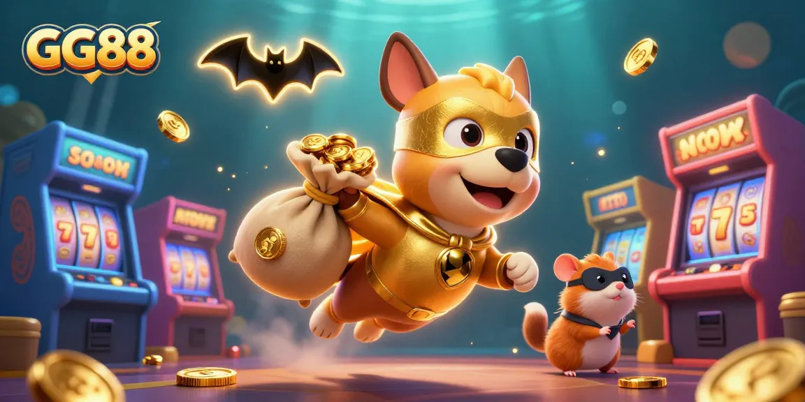 Engage with GG88's adrenaline-pumping casino experience, featuring a superhero dog and exciting gaming elements.