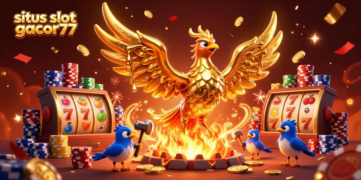 Experience the excitement at situs slot gacor77 with vibrant slot reels and a dazzling golden phoenix.