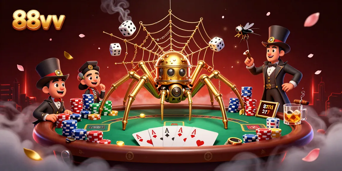 Catch the excitement of 88vv with a steampunk spider and poker elements in a rich casino scene.
